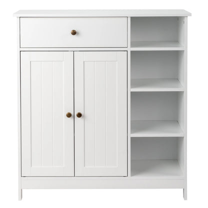 Zimtown Wooden 2-Door Bathroom Cabinet Storage Organizer with 2 Shelves& 1 Drawer & Three-layer Side Rack, White