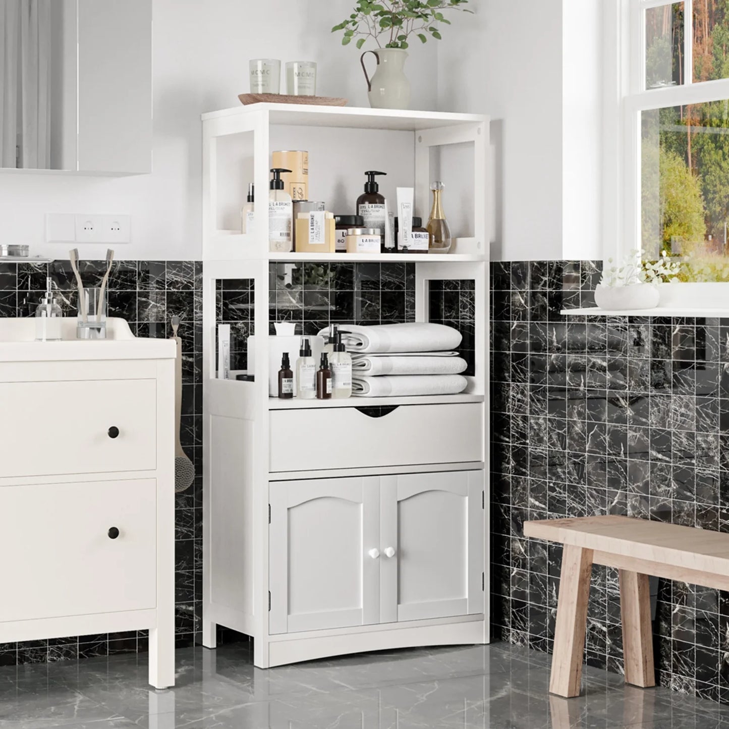 Sideboard Storage Cabinet with Drawer& Shelves, Kitchen Pantry Storage Cabinet with Microwave Space& Cupboard, Modern Freestanding Floor Bathroom Cabinet/Bookshelf for Home Office, White
