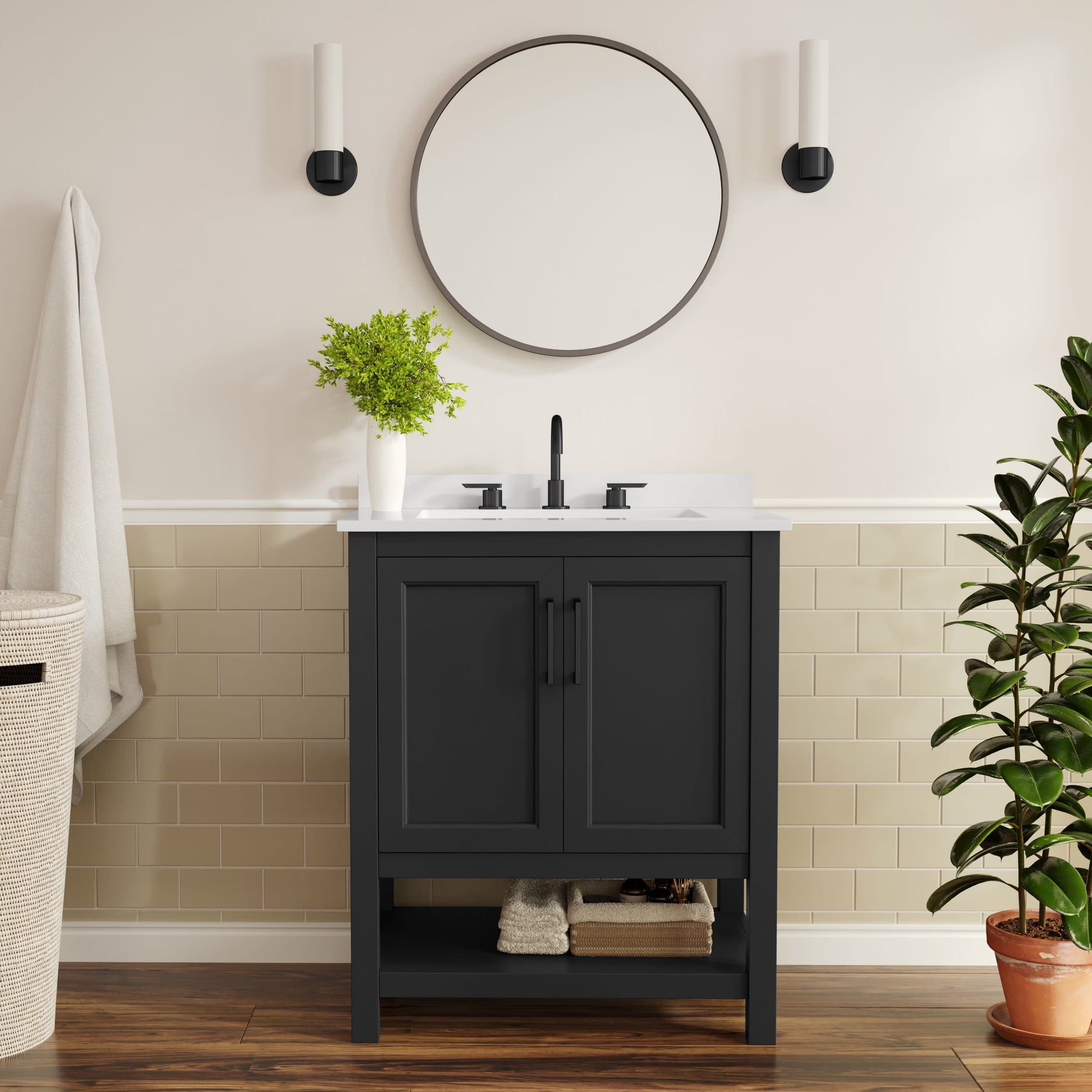 BizChair 24 Inch Bathroom Vanity with Sink Combo, Storage Cabinet with Soft Close Doors and Open Shelf, Carrara Marble Finish Countertop, White/White