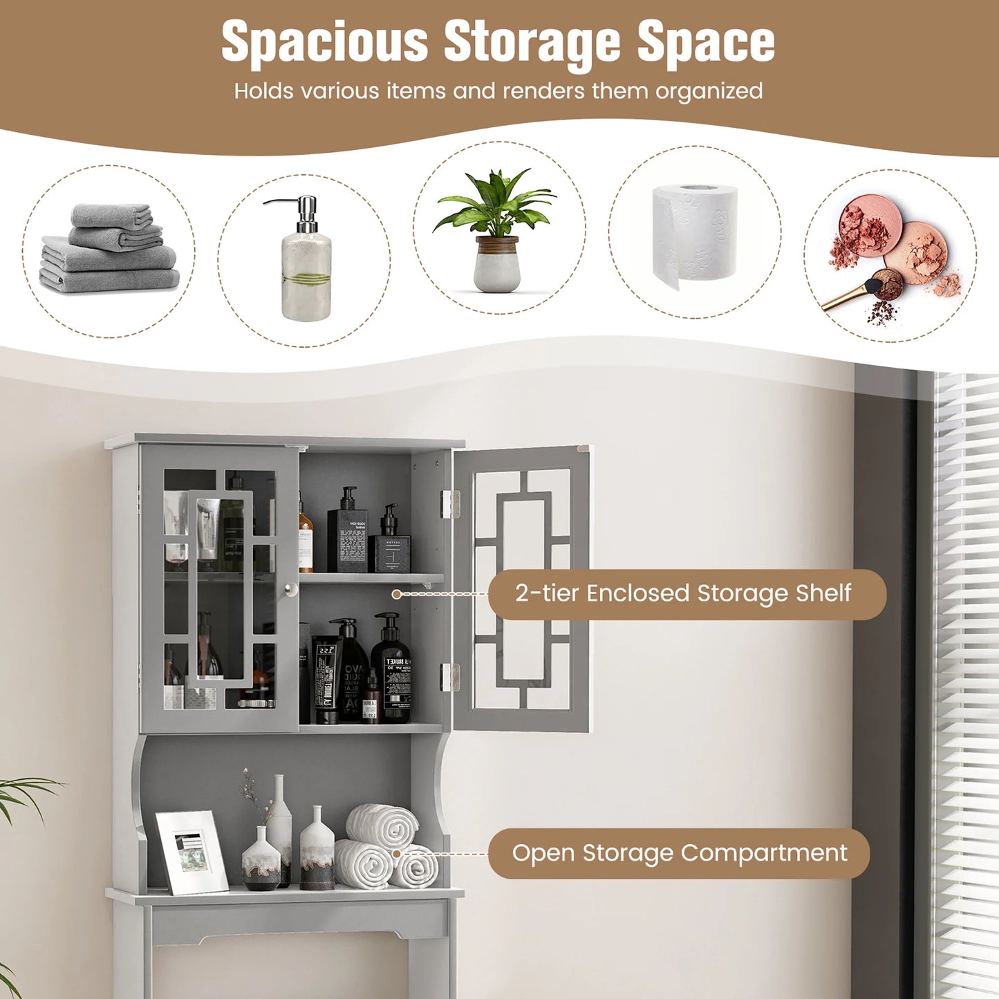 Gymax Grey Bathroom Over The Toilet Space Saver Storage Cabinet Organizer Shelf