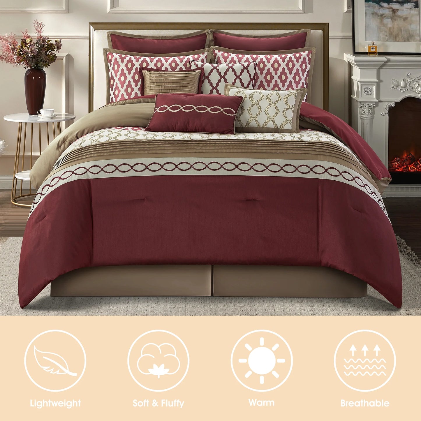 LANCO MODERN LIFESTYLE King Size Comforter Set, Burgundy, 10 Piece Bed in a Bag for All Seasons, Luxury Extreme Comfort Bedding Sets with Bedskirt, Pillow Shams, Euro Shams and Decor Pillows