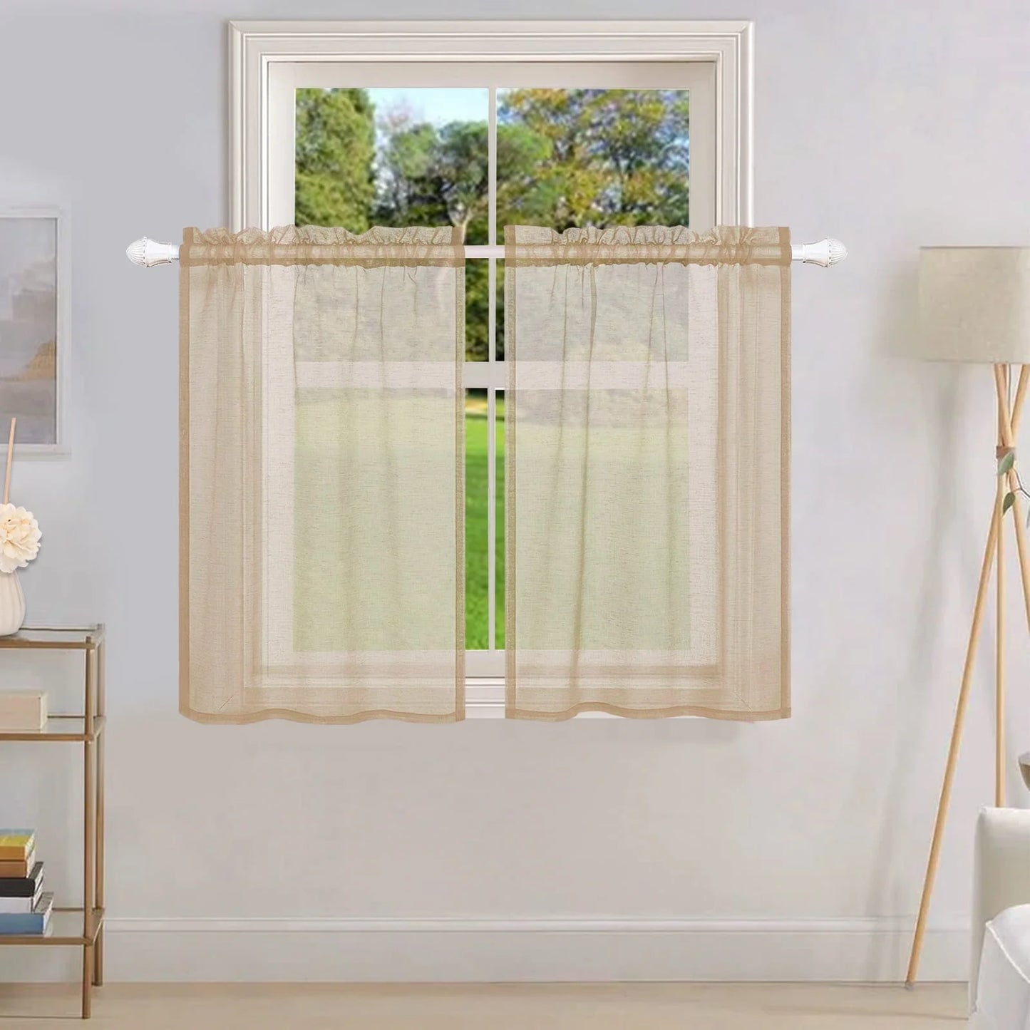 Lapalife 2 Panels Sheer Kitchen Curtains 36 inch Length Tier Curtains Rod Pocket Cafe Curtains Half Window Curtain for Bathroom Small Windows, Khaki