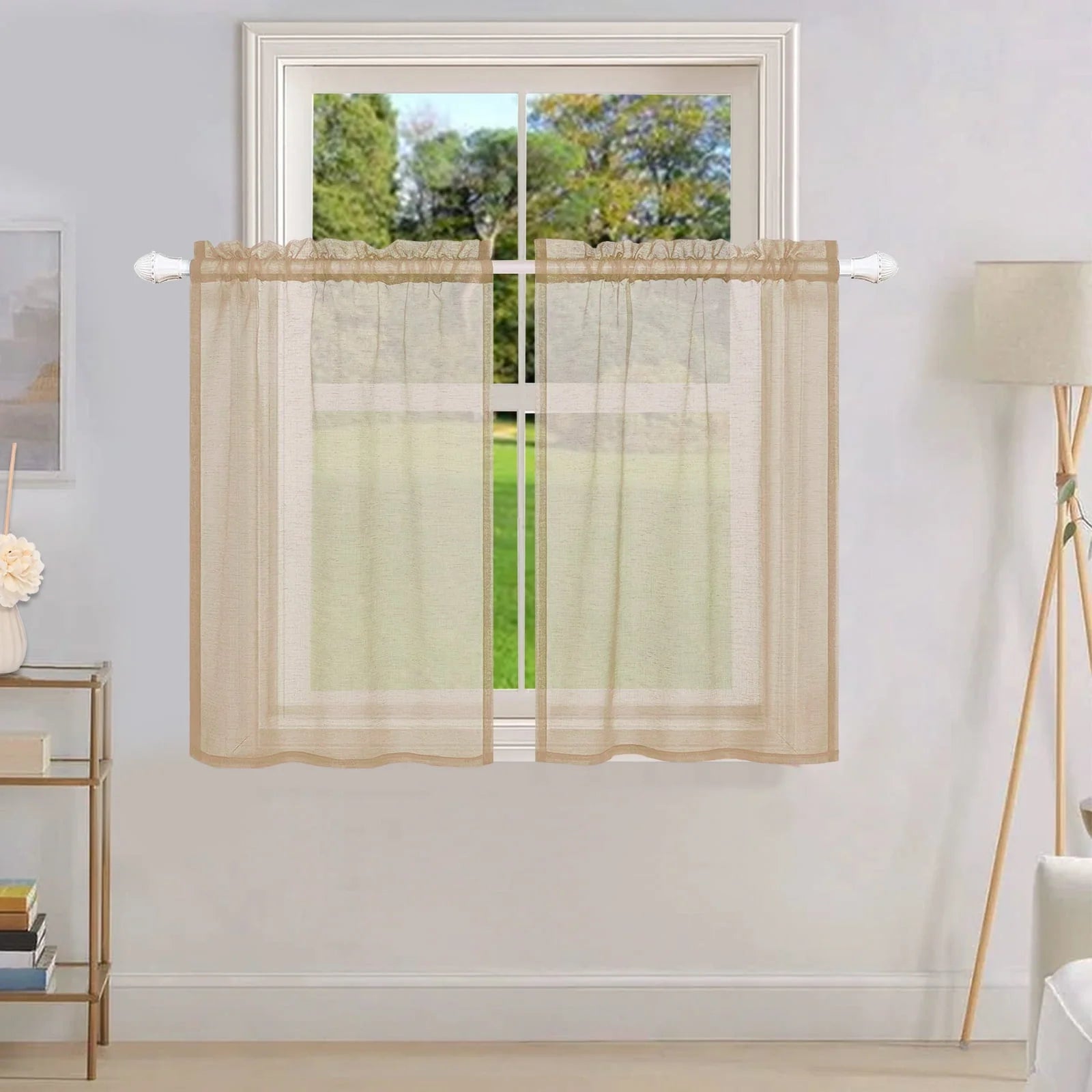 Lapalife 2 Panels Sheer Kitchen Curtains 36 inch Length Tier Curtains Rod Pocket Cafe Curtains Half Window Curtain for Bathroom Small Windows, Khaki