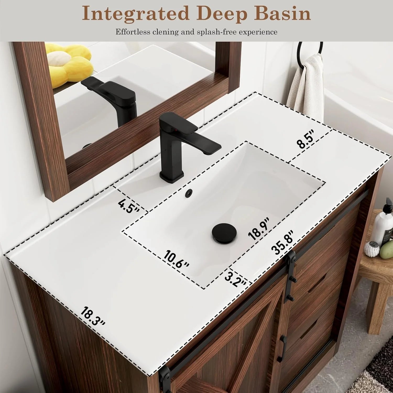 Blotout 36" Bathroom Vanity with Sink & Faucet & Mirror, Farmhouse Bathroom Vanity Cabinet Set with Sliding Barn Door & 3 Drawers, Freestanding Single Bath Storage Vanity Ceramic Sink, White