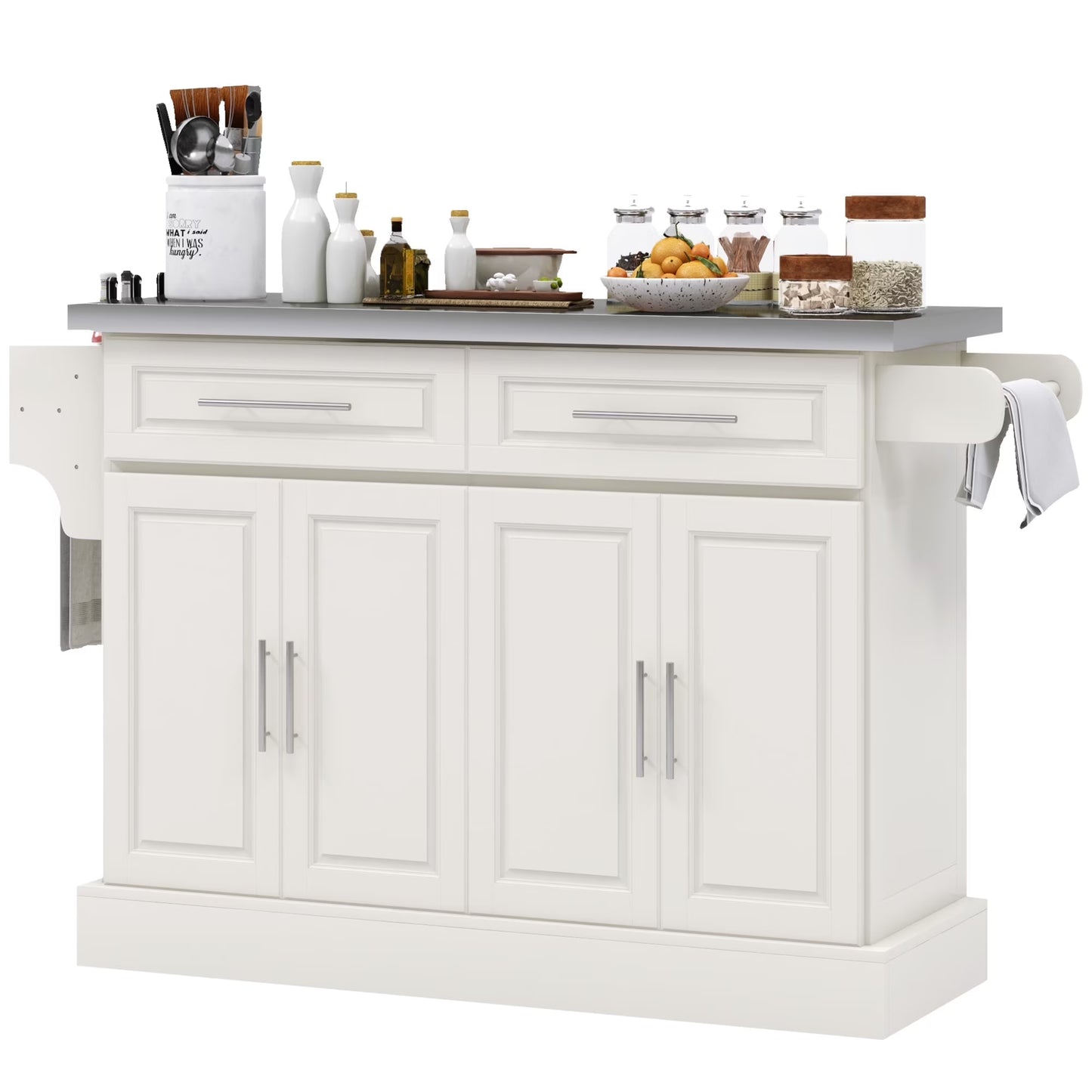 HOMCOM Multi-functional Rolling Kitchen Island Cart with Cabinets and Drawers, Portable Kitchen Storage Cabinet with Spice Rack, Towel Rack, Knife Rack, Steel Top