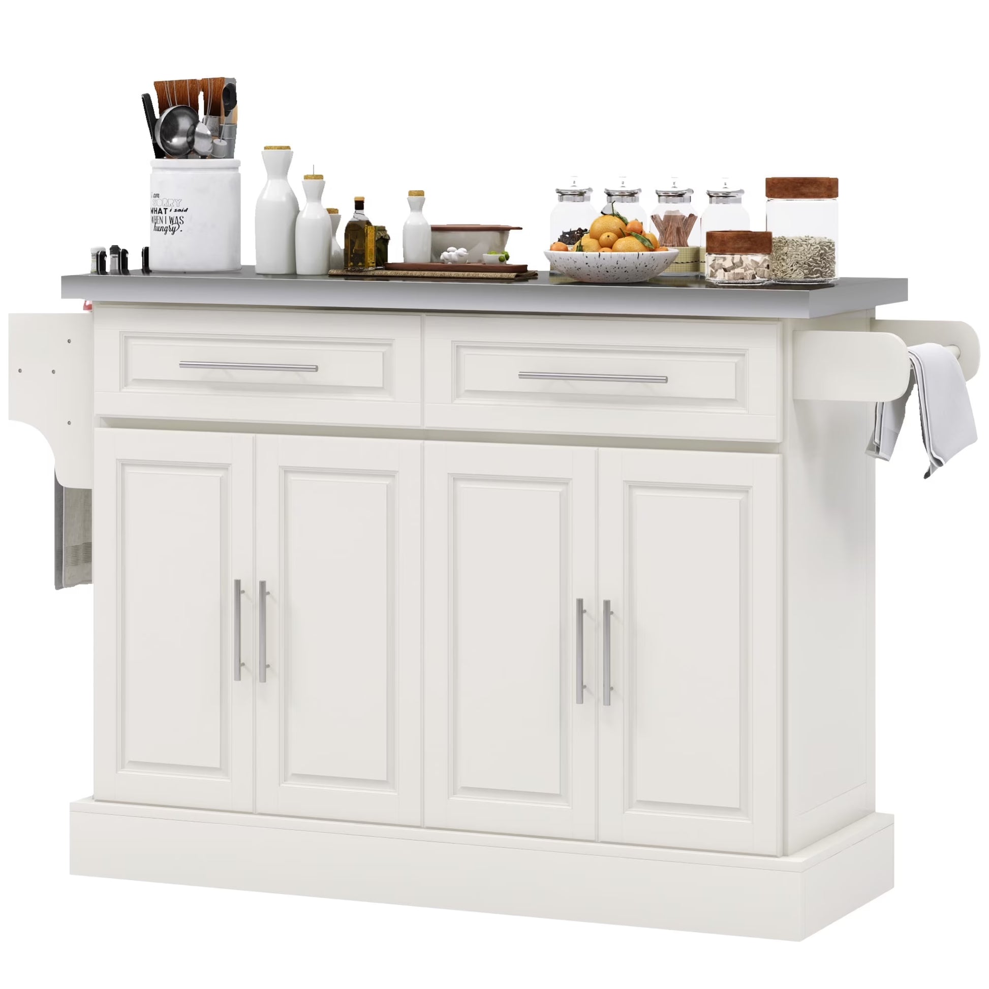 HOMCOM Multi-functional Rolling Kitchen Island Cart with Cabinets and Drawers, Portable Kitchen Storage Cabinet with Spice Rack, Towel Rack, Knife Rack, Steel Top