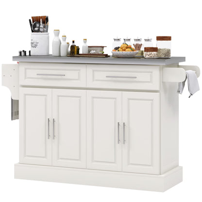 HOMCOM Multi-functional Rolling Kitchen Island Cart with Cabinets and Drawers, Portable Kitchen Storage Cabinet with Spice Rack, Towel Rack, Knife Rack, Steel Top