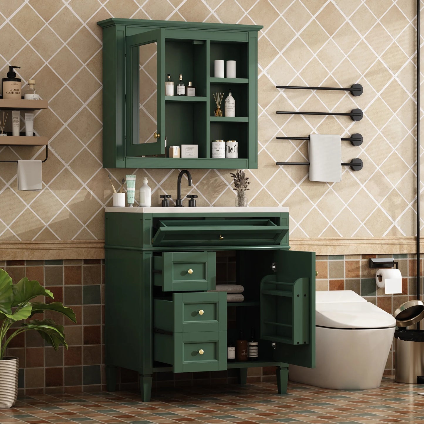 30'' Bathroom Vanity with Top Sink, Freestanding Vanity Set with Mirror Cabinet,Green
