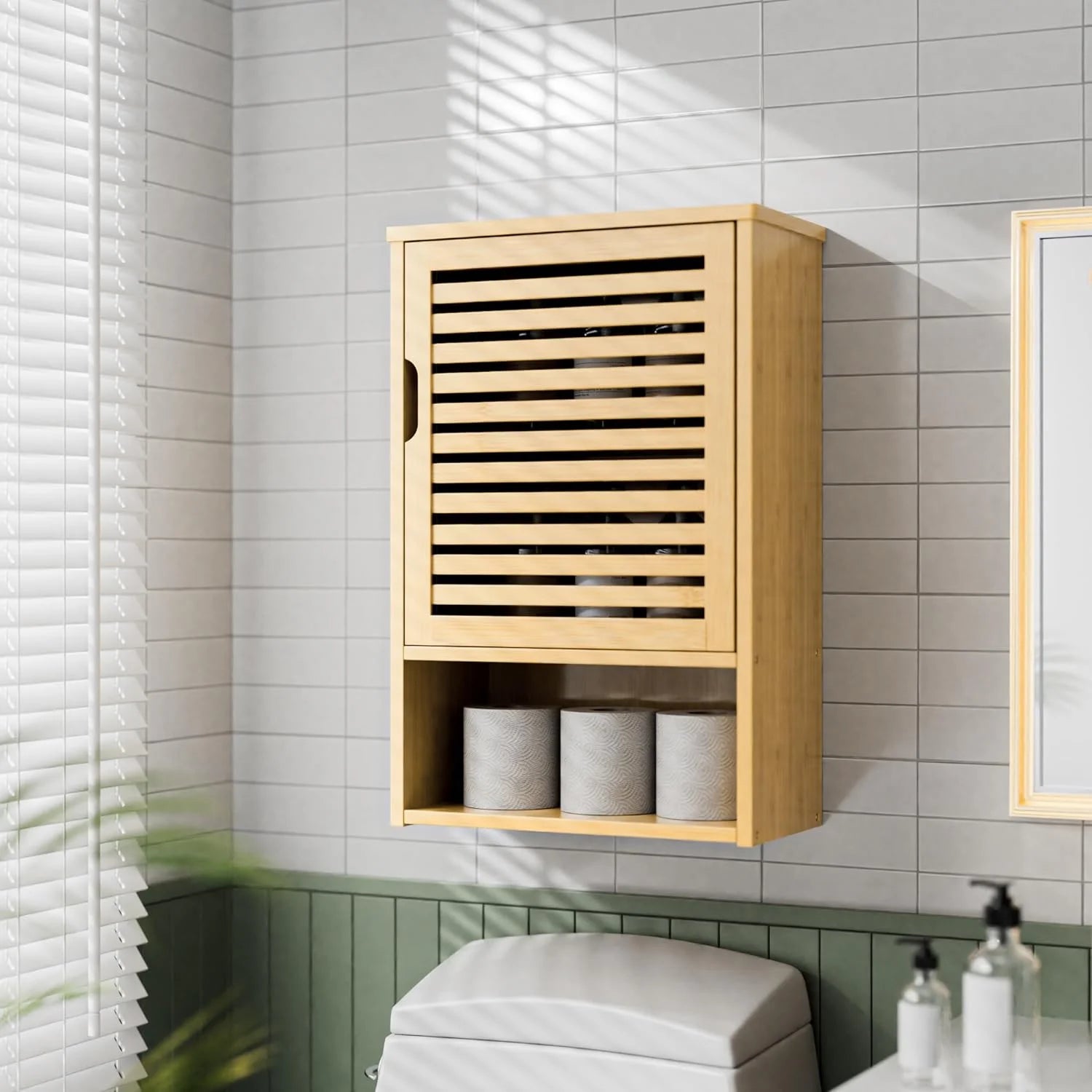 Bathroom Wall Cabinet, Medicine Cabinet Over The Toilet, Bamboo Hanging Storage Organizer with Single Door and Open Bottom Shelf, for Kitchen Living Room, Natural