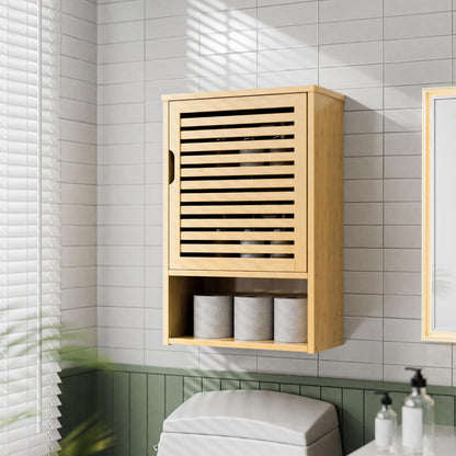 Bathroom Wall Cabinet, Medicine Cabinet Over The Toilet, Bamboo Hanging Storage Organizer with Single Door and Open Bottom Shelf, for Kitchen Living Room, Natural
