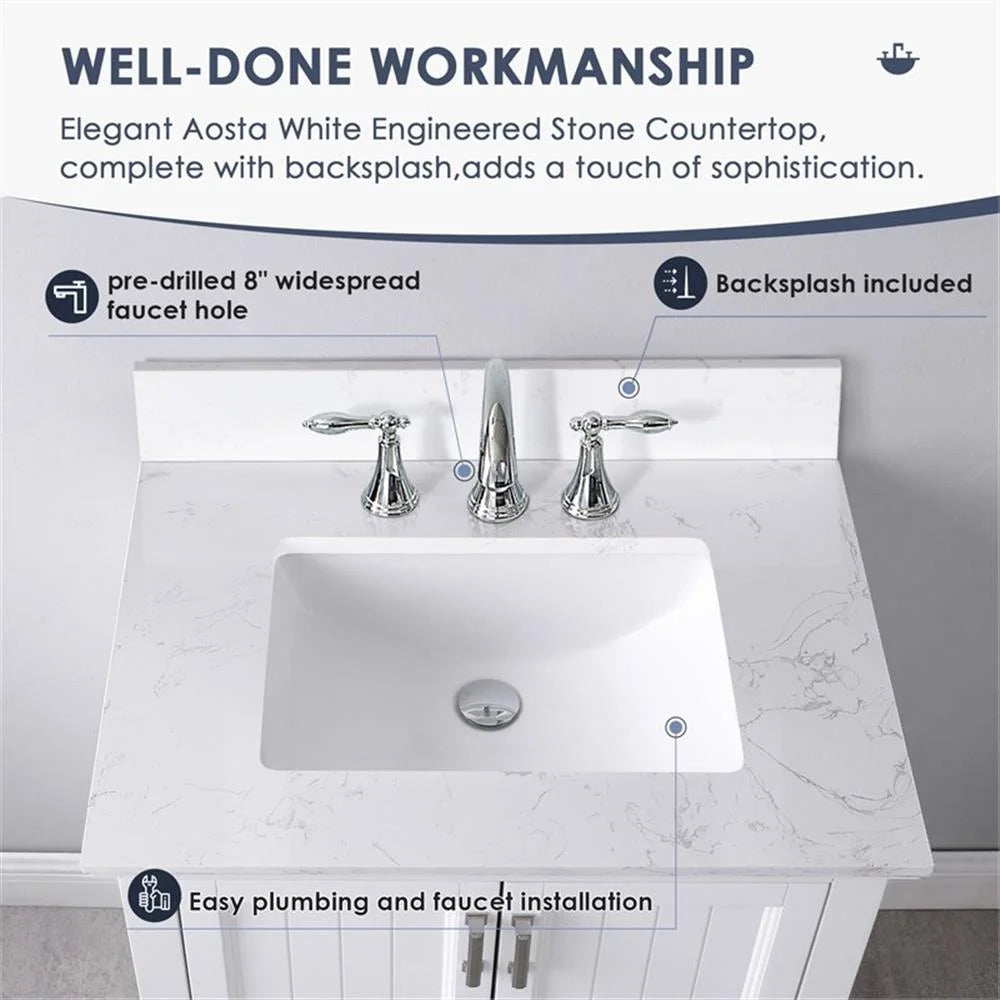 Isla 30" Single Bathroom Vanity Set in White and Carrara White Marble Countertop without Mirror