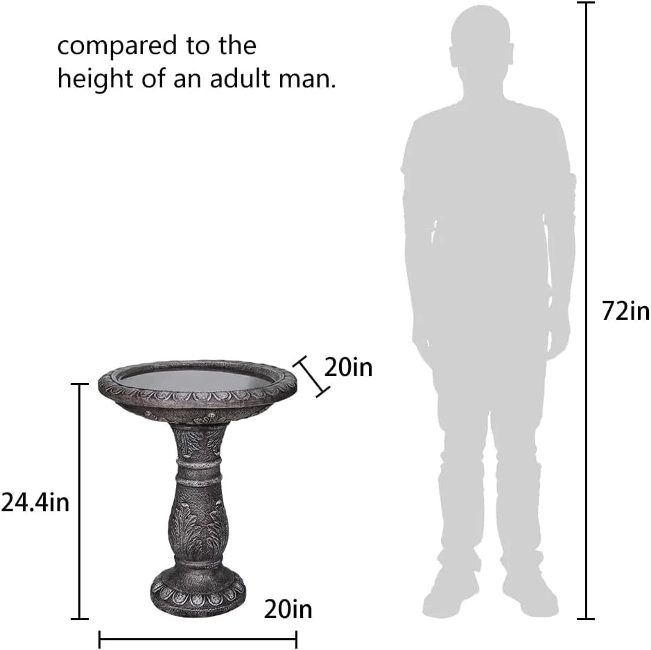 24.4" H Cement Bird Bath for Garden- Fibre Reinforced Concrete Bird Baths for Outdoors, Large Size Vintage Carved Pedestal Birdbath for Patio, Yard, Lawn -20° Dia. X 24.4° H Bird Fountain