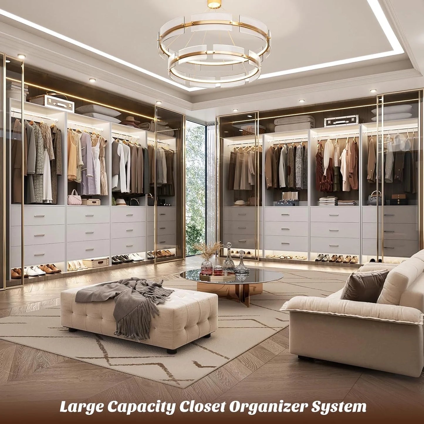 Homieasy Closet System Closet Organizer, Wood Closet Organizer System, Walk-in Closet or Small Closets Wardrobe, Clothes Rack with Hanging Rods, 4FT Closets, Set of 2, White Oak