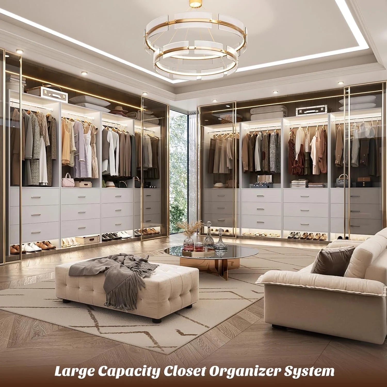 Homieasy Closet System Closet Organizer, Wood Closet Organizer System, Walk-in Closet or Small Closets Wardrobe, Clothes Rack with Hanging Rods, 4FT Closets, Set of 2, White Oak