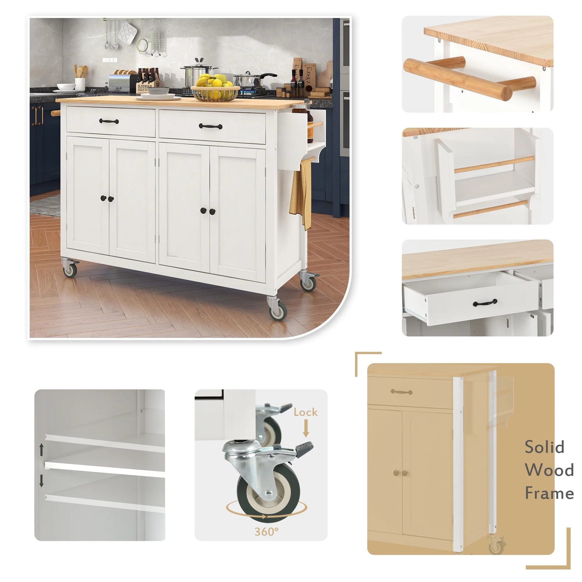Aukfa Rolling Kitchen Island Cart with Storage Towel Racks & 4 Door Cabinet, White