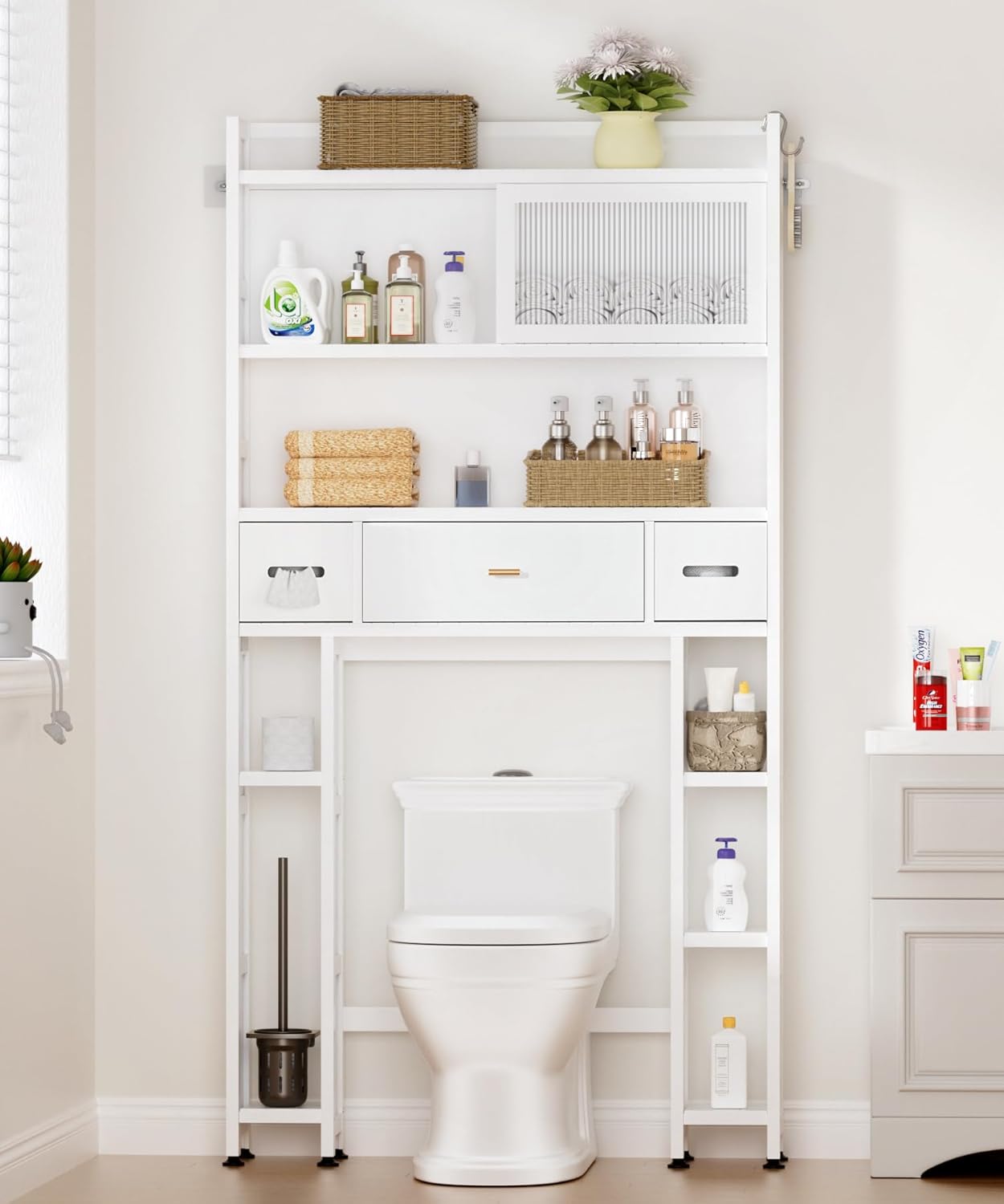 Over The Toilet Storage Cabinet with Acrylic Sliding Door Panel, Bamboo Organizer Shelf with 2 Paper Drawers and 1 Big Drawer,Space Saver Rack for Bathroom (White)
