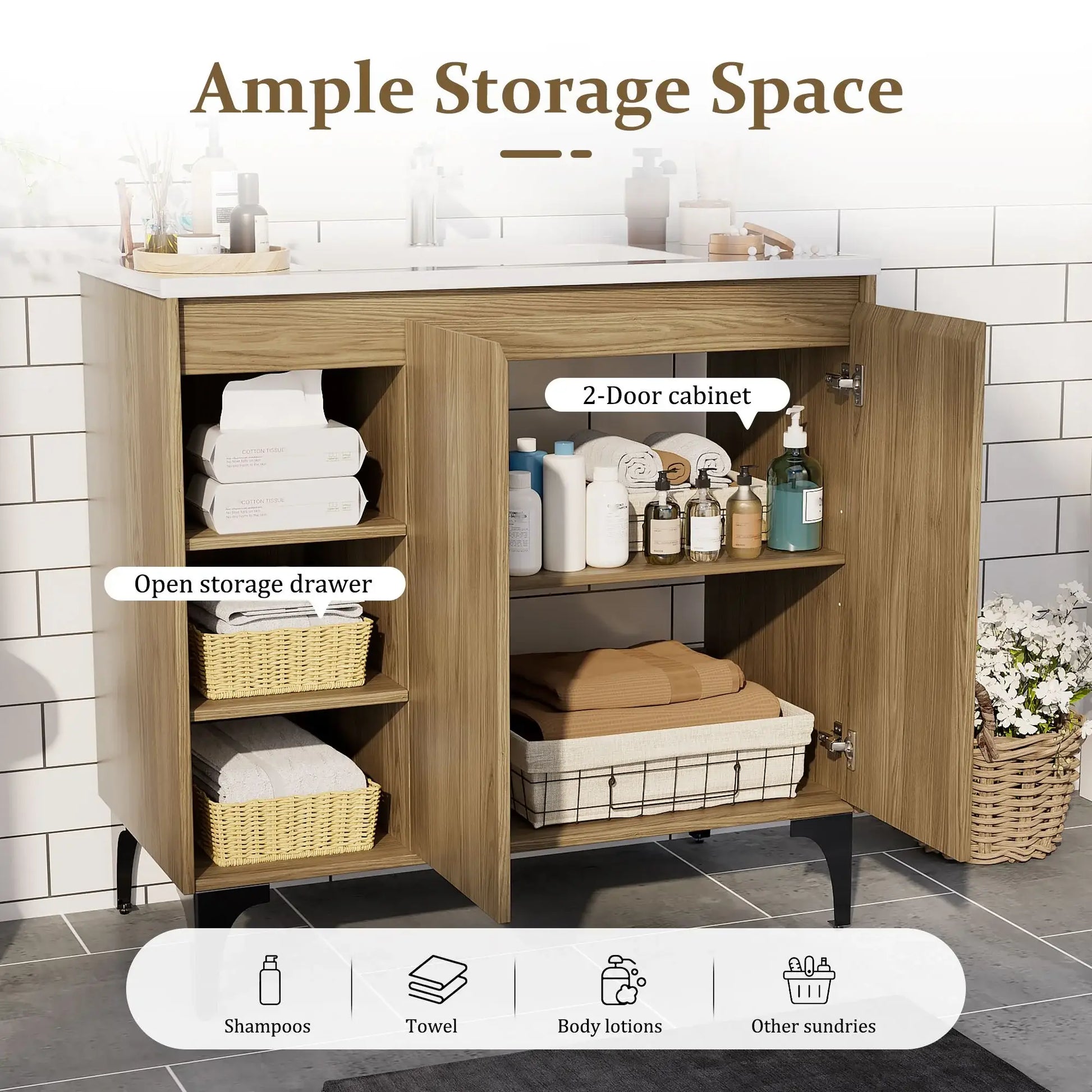 JUSTLET 36" Bathroom Vanity with Sink, Wood Bathroom Vanity Cabinet with Adjustable Shelf and Metal Legs, Bathroom Storage Cabinet with Resin Basin for Bathroom, Natural