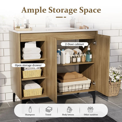 JUSTLET 36" Bathroom Vanity with Sink, Wood Bathroom Vanity Cabinet with Adjustable Shelf and Metal Legs, Bathroom Storage Cabinet with Resin Basin for Bathroom, Natural
