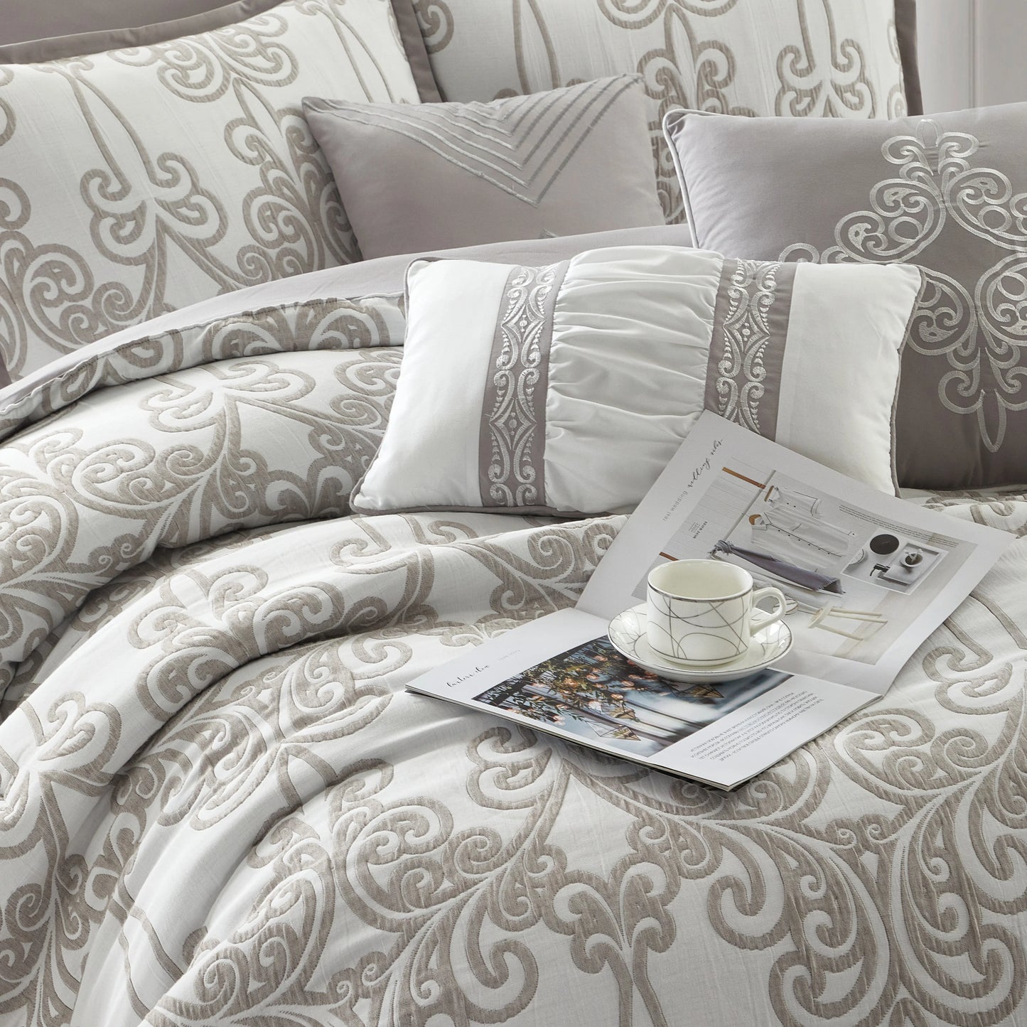 Lanco Smoke Grey Comforter Set California King Size, 9 Piece Jacquard Floral Bedding Set, All Season, Ultra-Soft, Matching Pillows & Shams, Bed Skirt