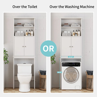 Walsunny Over the Toilet Storage Cabinets Wood Bathroom Organizer Shelf Rack Space Saver with 2 Doors 4 Shelves Anti-Tip Device White