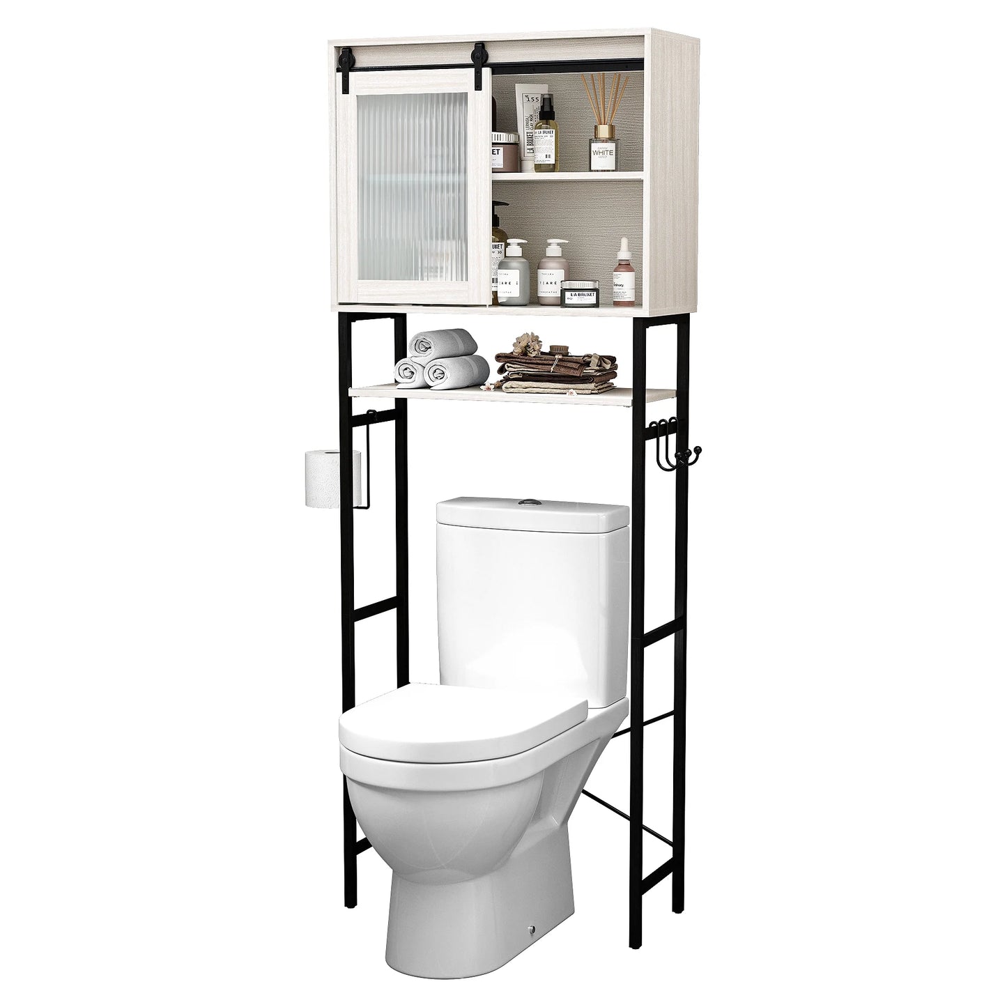 HLR Bathroom Storage Cabinet over Toilet with Sliding Door,Toilet Storage Iron Shelf, Wooden Cabinet