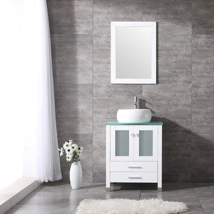 Wonline 24" Bathroom Vanity Cabinet Ceramic Sink Faucet Drain Combo w/Mirror Set White