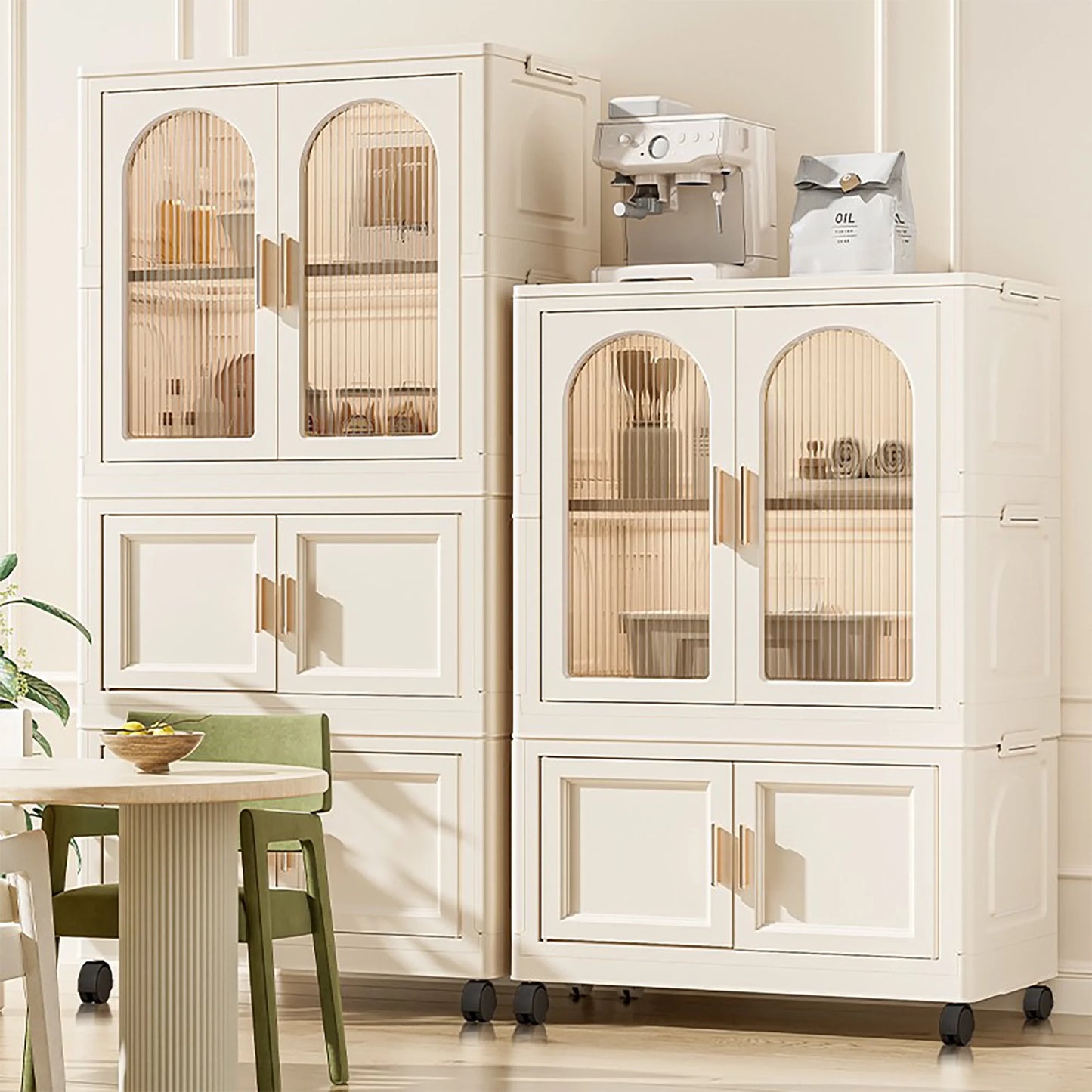 PORKISS Portable Wardrobe Closet, Folding Bedroom Armoire with Wheels, Plastic Storage Basket Can be Freely Combined (1 Layer of Wardrobe + 2 Layers of Folding Boxes+10 Hangers), Cream White-57.09"H