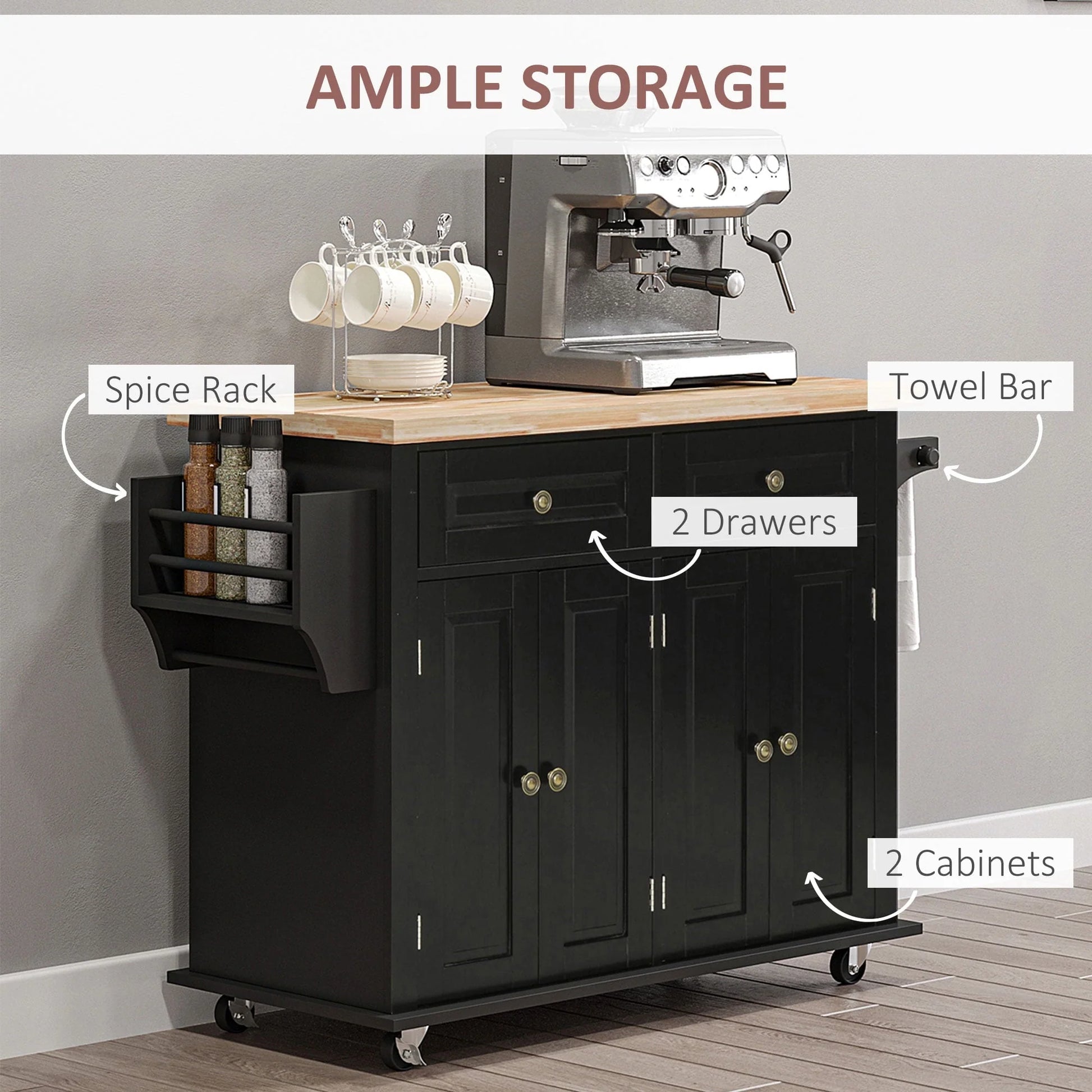 HomCom Rolling Kitchen Island Cart with Rubber Wood Top, Spice Rack, Towel Rack & Drawers
