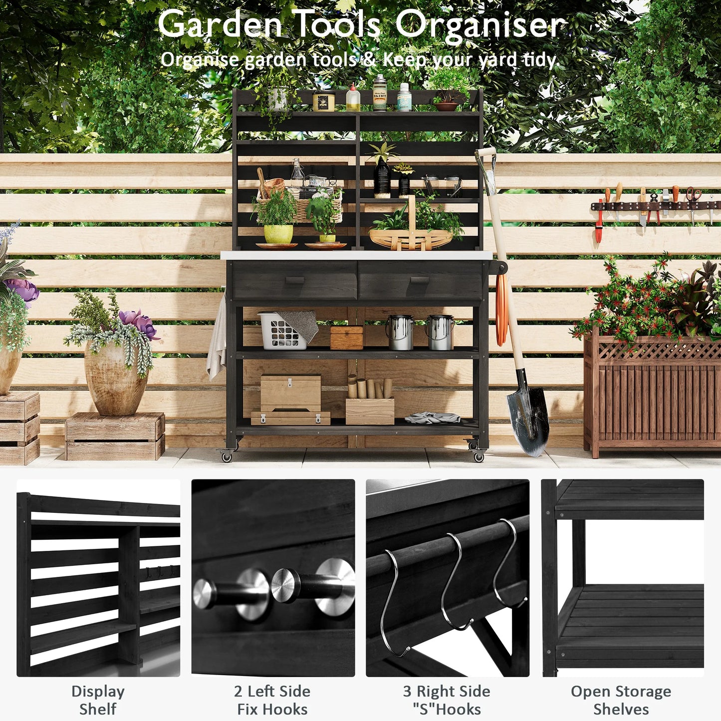 Euroco 64.9"H Outdoor Potting Bench Table with Lockable Wheels, Solid Wood Outdoor Kitchen Island with Upper Hutch, Stainless Steel Top, Towel Rack ,Outdoor Storage for Grilling, Lawn Garden -Black