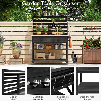 Euroco 64.9"H Outdoor Potting Bench Table with Lockable Wheels, Solid Wood Outdoor Kitchen Island with Upper Hutch, Stainless Steel Top, Towel Rack ,Outdoor Storage for Grilling, Lawn Garden -Black