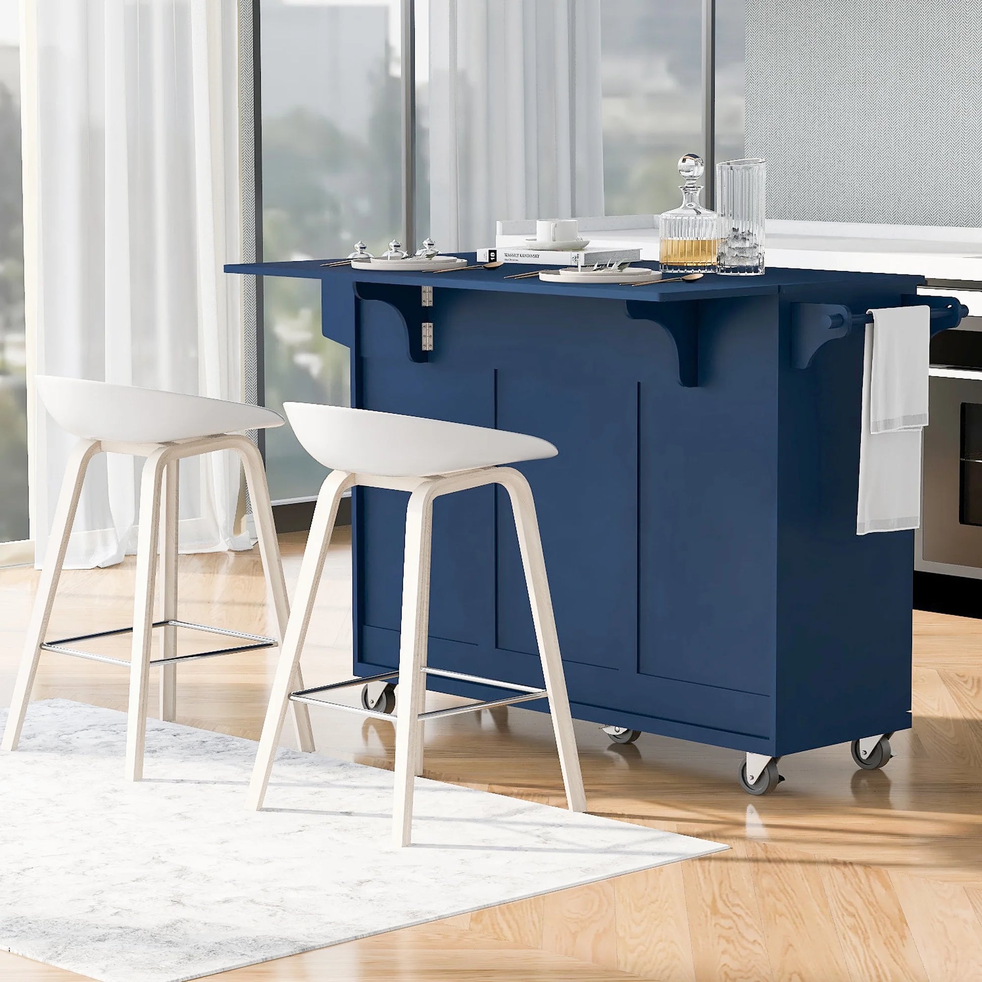 53.2'' Kitchen Island with Drop Leaf, Kitchen Storage Cart with Spice Rack, Towel Rack and 2 Drawers, Rolling Kitchen Island on Wheels with Adjustable Shelves, Navy Blue