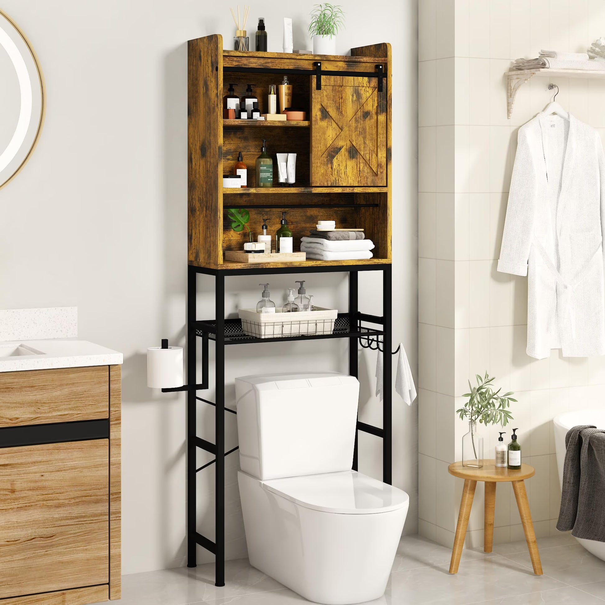 furlinkhm Over The Toilet Storage Cabinet,Bathroom Rack Organizers with Adjustable Shelf,5-Tier Bathroom Space Saver Over Toilet with Door for Bathroom, Restroom, Laundry,22.6"9.4"72.8"
