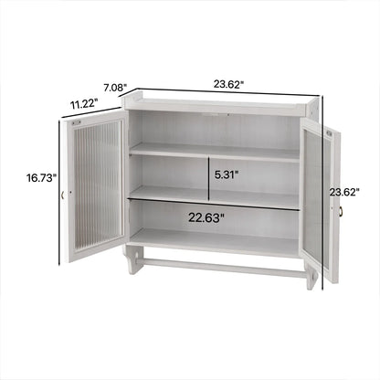 GZXS Solid Wood Wall Cabinet with 2 Tempered Glass Doors, 3-Tier Storage Organizer for Bathroom, Entryway, Kitchen, Dining Room, 24.8"L x 7.08"W x 23.62"H, White Washed