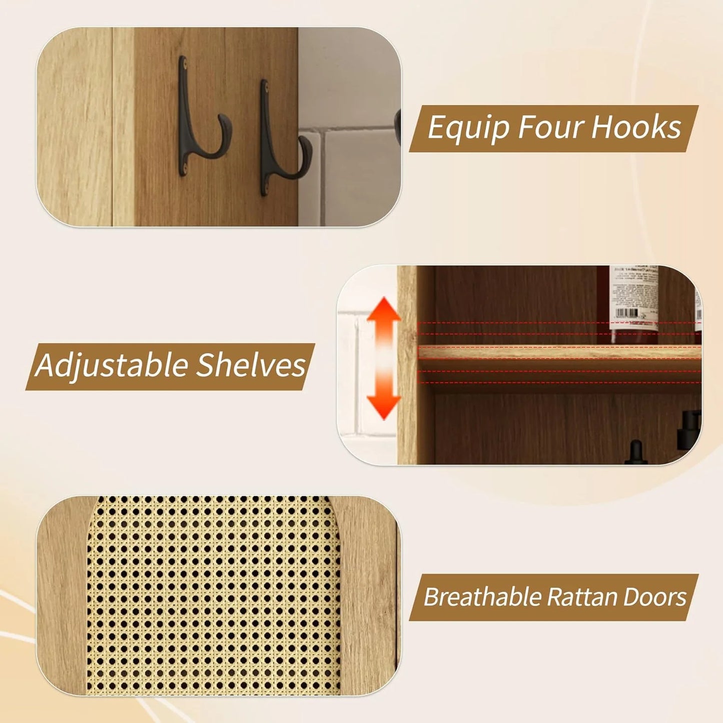 66-Inch Bathroom Storage Cabinet with Rattan Doors, Bath Room Organizer Floor Cabinets Brown