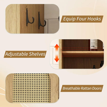 66-Inch Bathroom Storage Cabinet with Rattan Doors, Bath Room Organizer Floor Cabinets Brown