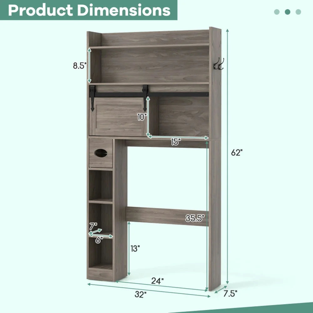 Yardi Yard Over The Toilet Storage Cabinet with Sliding Barn Door and Adjustable Shelves-Gray, Bathroom Organizers and Storage