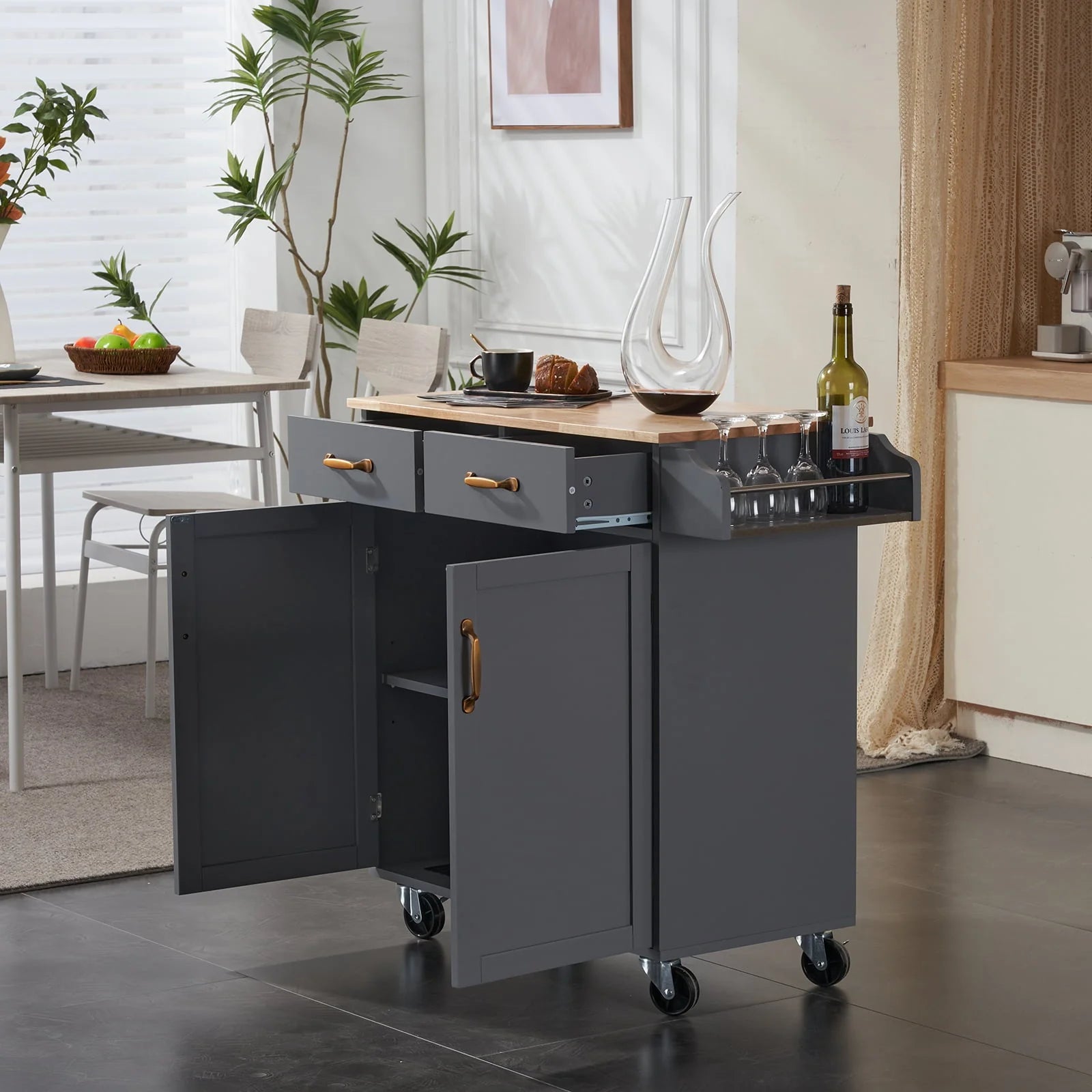 Ktaxon Rolling Trolley Cart Kitchen Island with Spice Rack, Towel Rack & Drawer, Wooden Storage Cabinet with Caster Wheels Gray