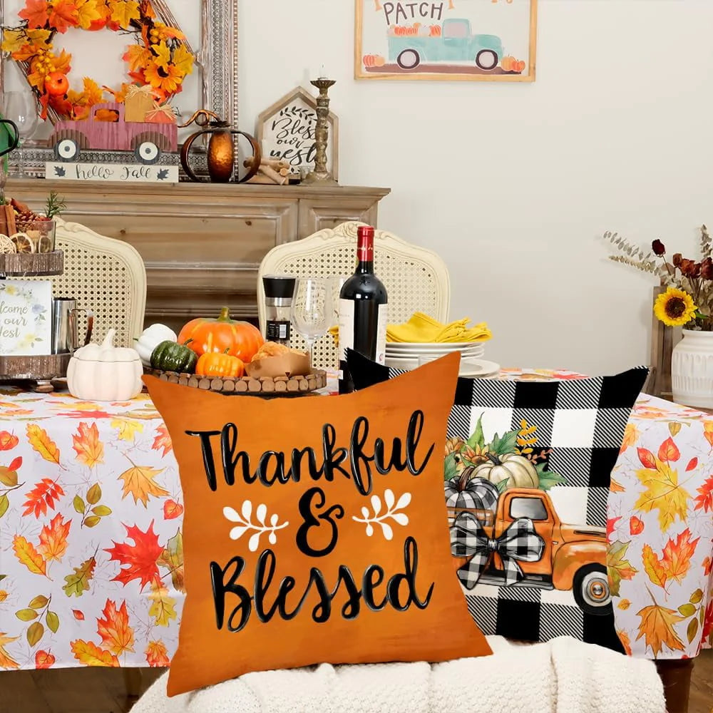 LONGRV Fall Decorative Throw Pillow Covers 18 x 18 Inch Set of 4, Pumpkins Thankful Blessed Buffalo Plaid Fall Decor Outdoor Farmhouse Pillow Cases for Home Couch (Orange Color)