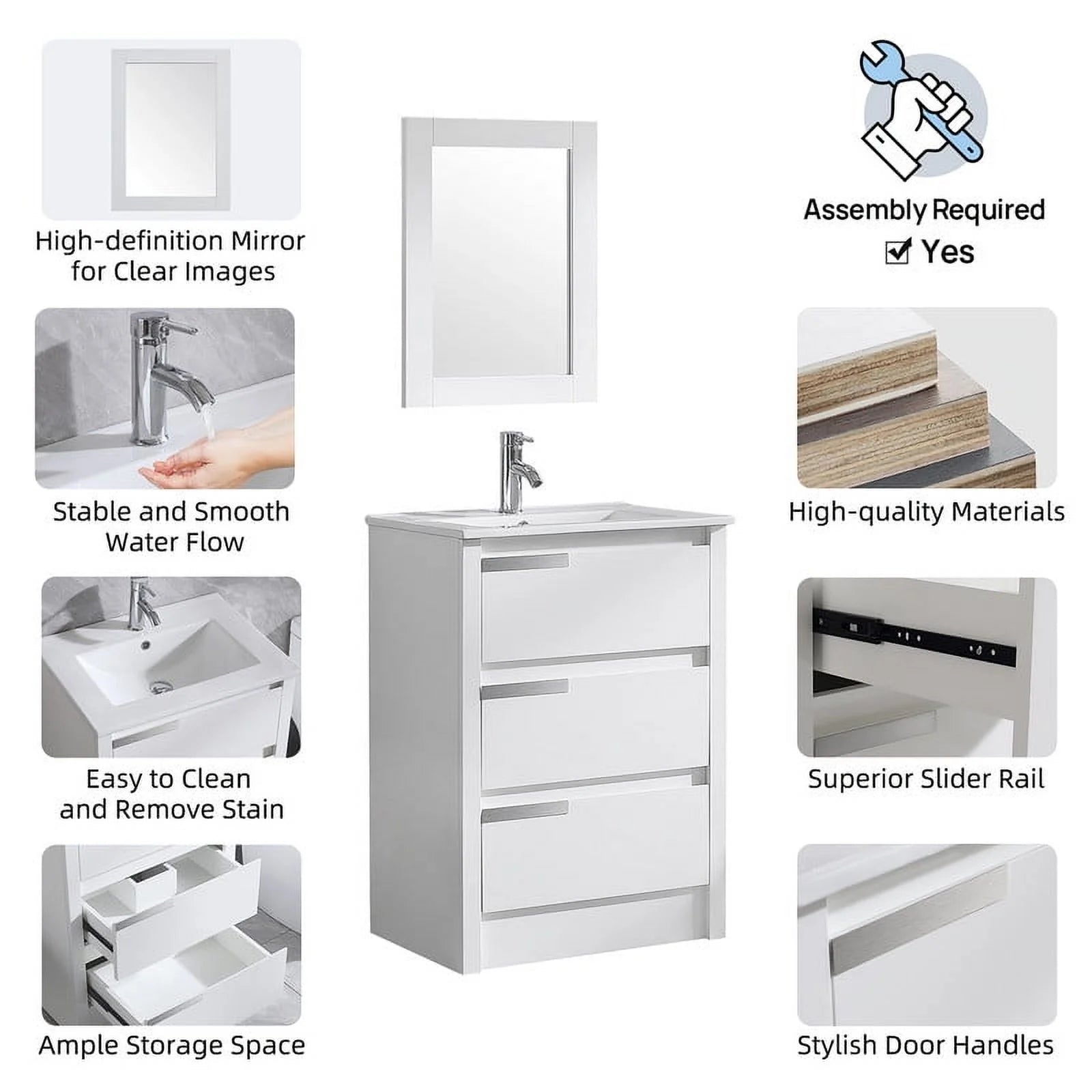 Walsport 24" Luxurious Bathroom Vanity with Ceramic Sink and Countertop and Mirror and Faucet,Double Door Stand Floor Cabinet Bathroom Storage Vanity with Pop Up Drain,White
