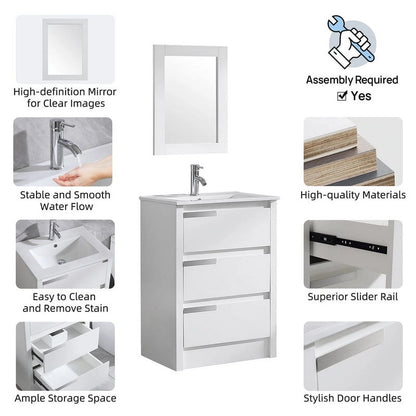 Walsport 24" Luxurious Bathroom Vanity with Ceramic Sink and Countertop and Mirror and Faucet,Double Door Stand Floor Cabinet Bathroom Storage Vanity with Pop Up Drain,White