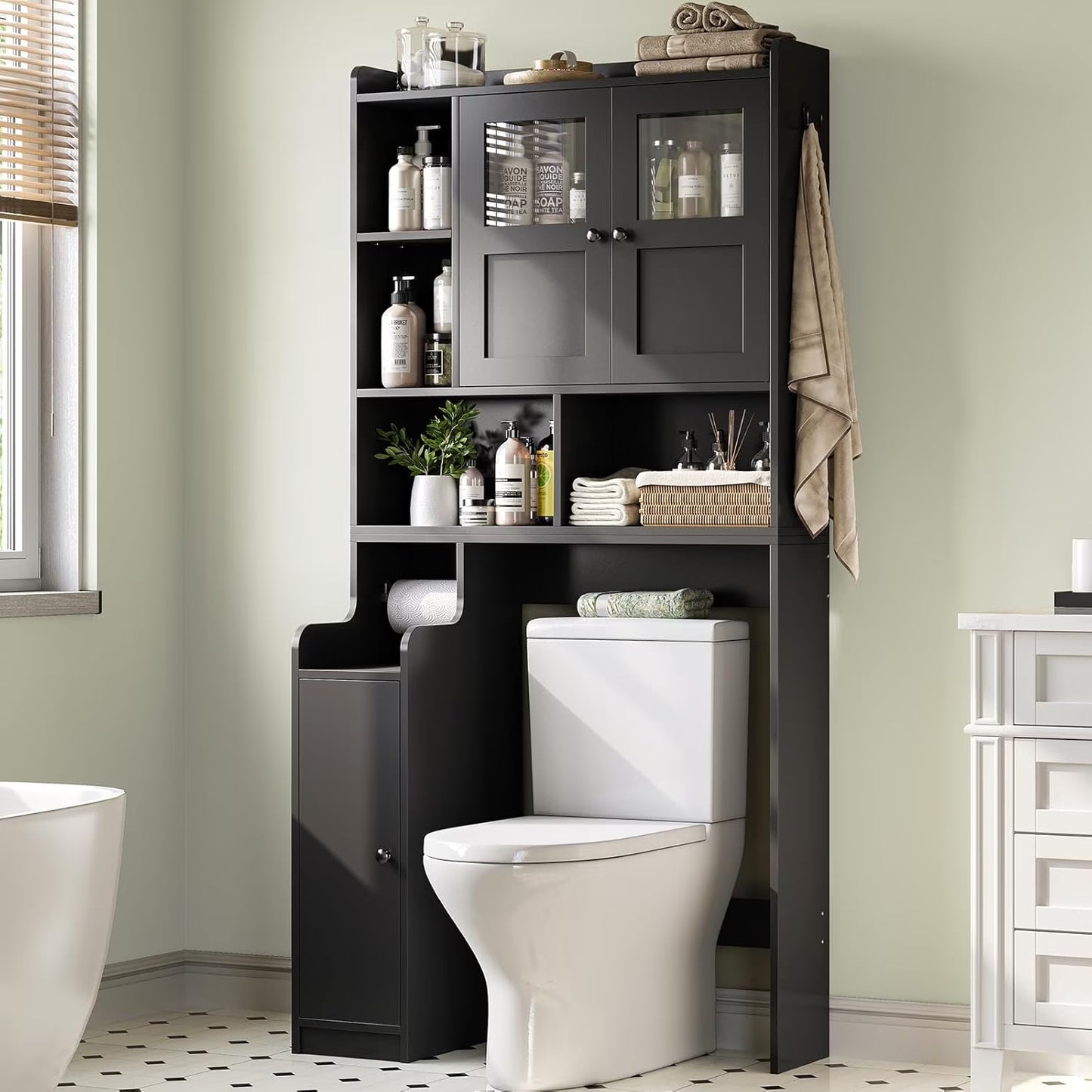 Over The Toilet Storage Cabinet with 3 Doors, Farmhouse Space Saver for Bathroom Organizer with Paper Holder, 10 Shelves and Hooks, 7-Tier Over Washing Machine Cabinet for Laundry, Bathroom, Natural
