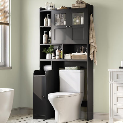 Over The Toilet Storage Cabinet with 3 Doors, Farmhouse Space Saver for Bathroom Organizer with Paper Holder, 10 Shelves and Hooks, 7-Tier Over Washing Machine Cabinet for Laundry, Bathroom, Natural