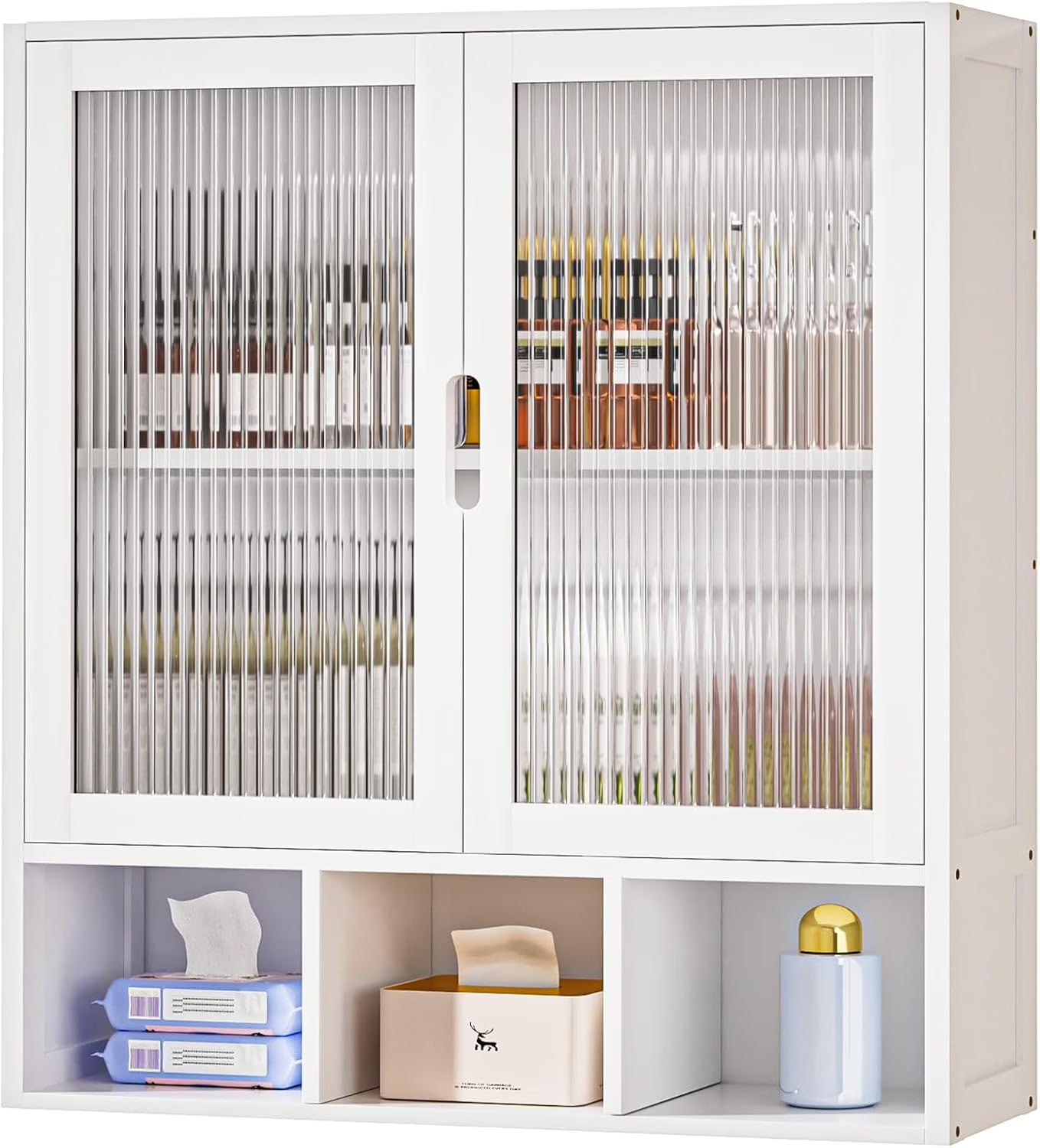 Bathroom Wall Cabinet with 2 Frosted Door,Bamboo Medicine Organizer with Open Compartment,Over The Toilet Storage Shelf Space Saver (Brown)