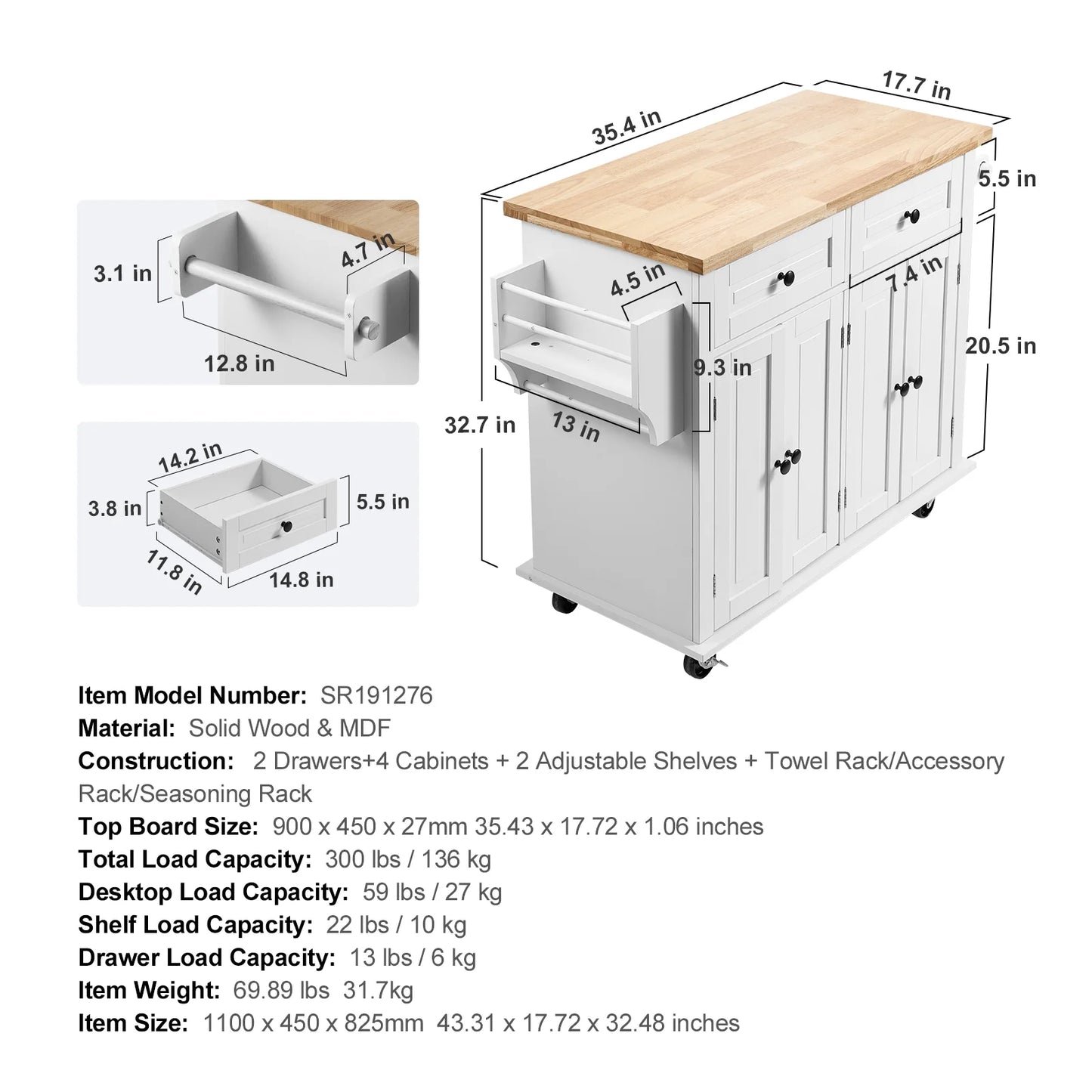 BENTISM 35.4" Kitchen Island on Wheels Cart Rubber Solid Wood Countertop Rolling Storage Cabinet with 2 Drawers & Spice Rack & Towel Holder, White