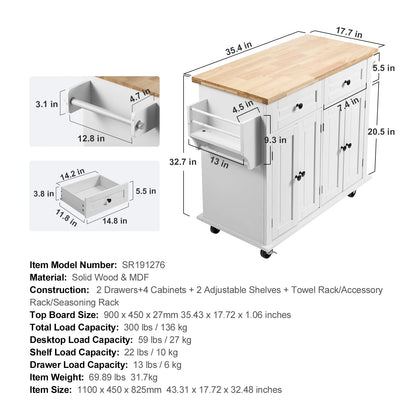 BENTISM 35.4" Kitchen Island on Wheels Cart Rubber Solid Wood Countertop Rolling Storage Cabinet with 2 Drawers & Spice Rack & Towel Holder, White