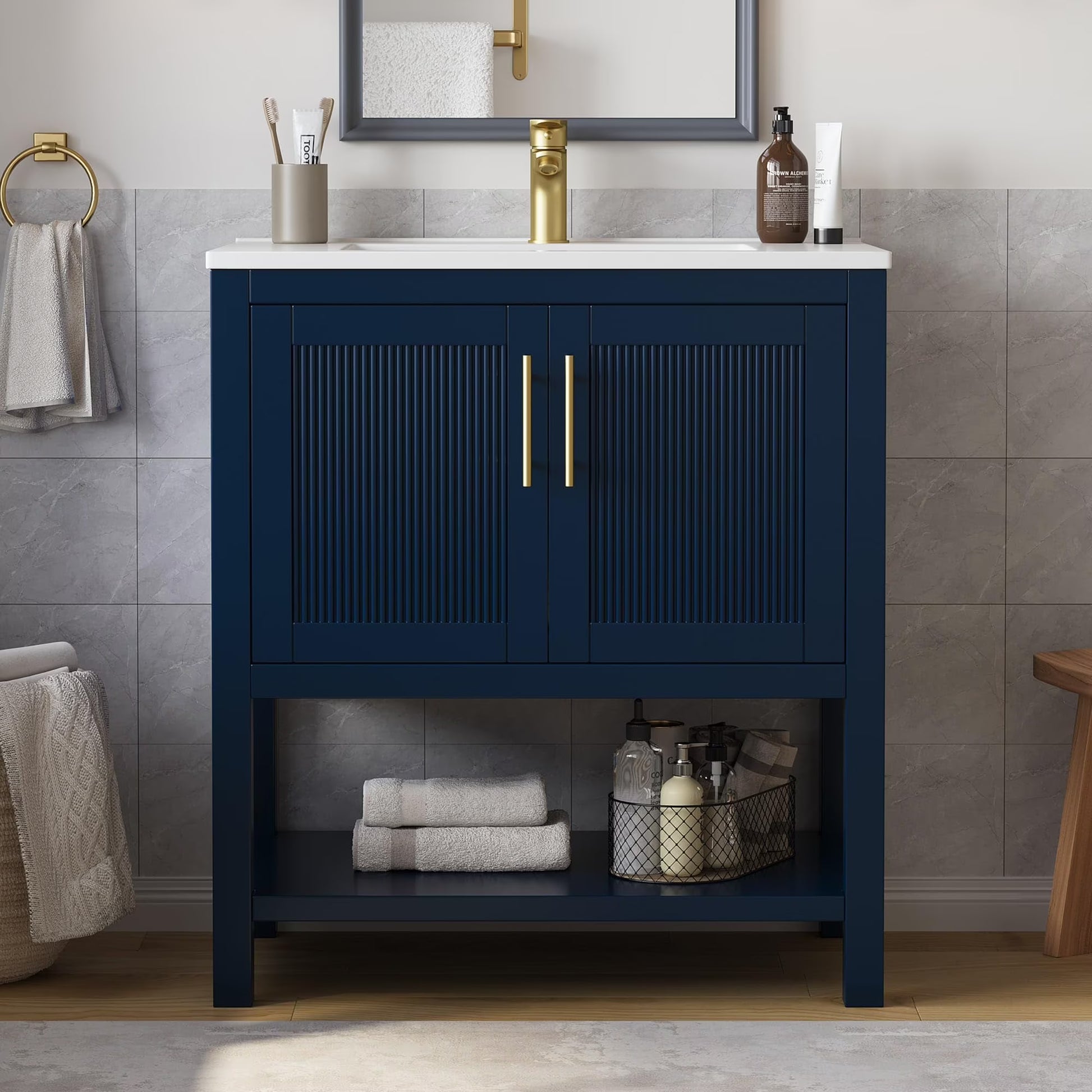 DELUXE LIVING 36 Inch Bathroom Vanity with Sink, Modern Black Bathroom Vanities with Adjustable Feets, 2 Soft-Closing Doors & 4 Drawers, Integral Sink