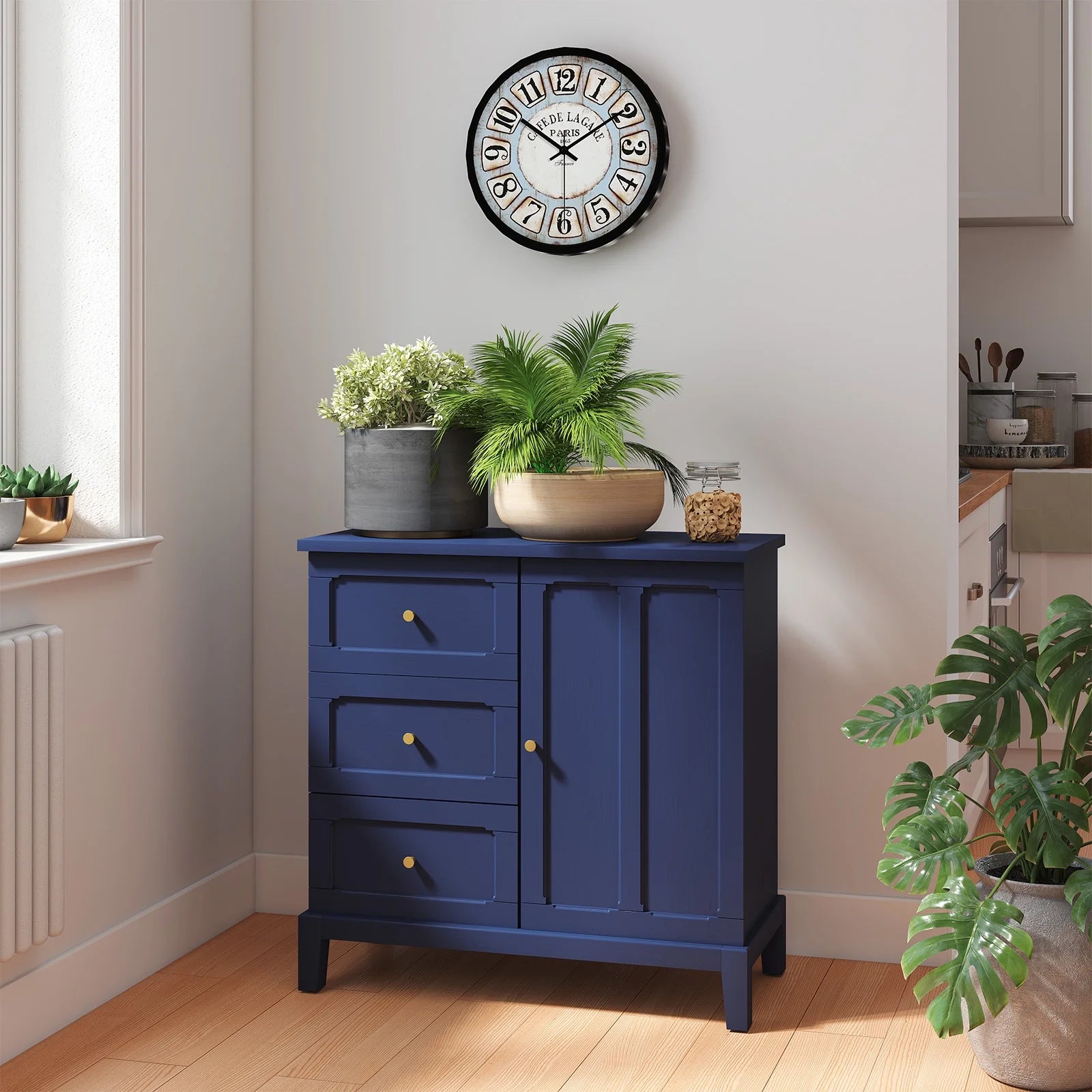 CBJCBJ 31.7"Storage Cabinet, Classical 3 Drawers & 1 Door Design with Gold-Tone Handles, Multi-Use Organizer for Living Room, Kitchen, BathroomBLUE)