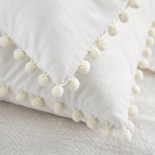 Phantoscope Throw Pillow with Insert,Silky Velvet Series Pom Pom Decorative pillow, 18" x 18", Off White, 2 Pack
