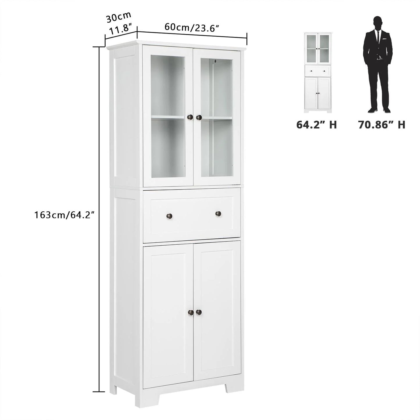 Ktaxon 64" Tall Bathroom Storage Cabinet Organizer, Freestanding Kitchen Pantry Cabinet Line Tower with 2 Glass Doors, Large Drawer & 4 Adjustable Shelves for Dining Room Living Room Home Office,White
