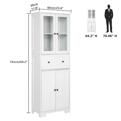 Ktaxon 64" Tall Bathroom Storage Cabinet Organizer, Freestanding Kitchen Pantry Cabinet Line Tower with 2 Glass Doors, Large Drawer & 4 Adjustable Shelves for Dining Room Living Room Home Office,White